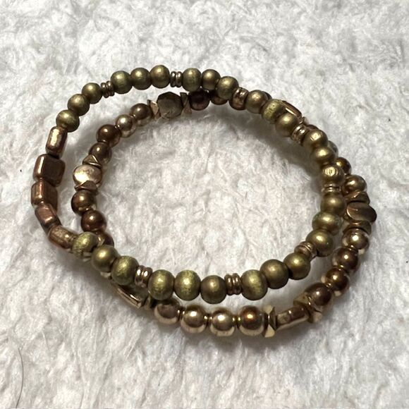 Lot of 2 Gold And Copper Tone Beaded Elastic Bracelets - Picture 2 of 7